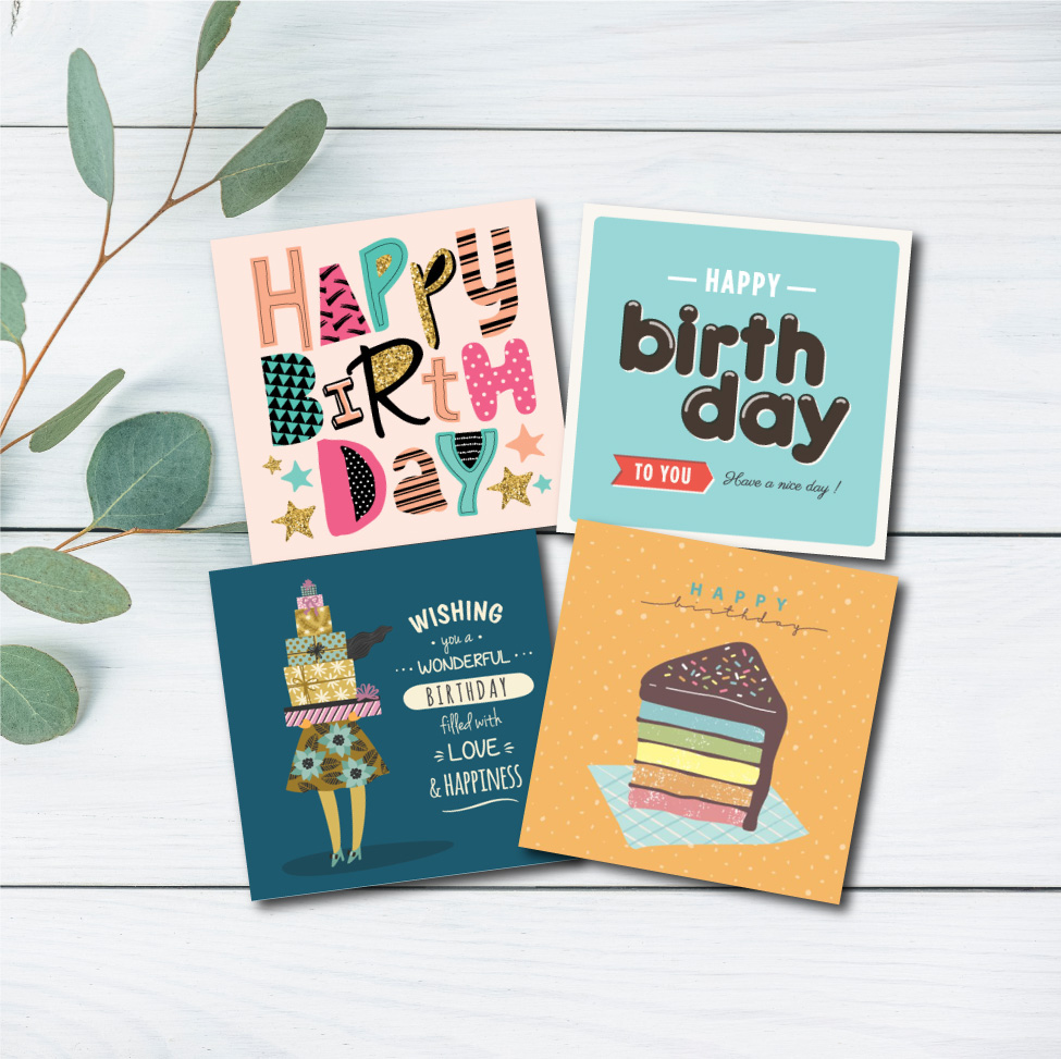 Combo 4c thiệp sinh nhật Birthday - Thiệp Grey 9x9cm