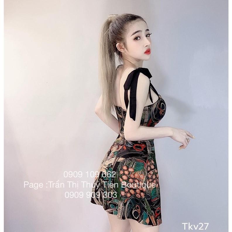 Đầm xòe họa tiết 2 dây cột nơ siêu hot kèm mút + Ảnh thật