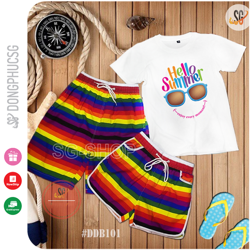 Bộ đồ đi biển cho gia đình hay cặp đôi hội nhóm set gồm áo thun và quần cầu vòng nổi bật DDB101 DONGPHUCSG - Bé gái - Size 3