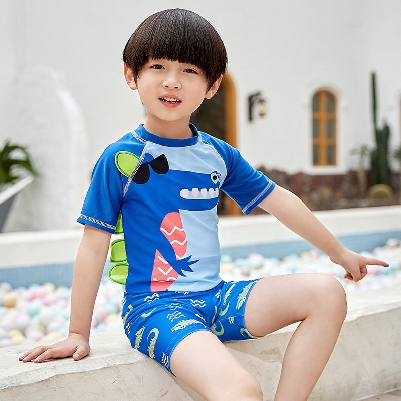 Bộ đồ bơi áo quần và nón cho bé trai supperkids - SUP17_KHUNG LONG XANH BỤNG Sọc - 100 ( 10 - 14 kg )