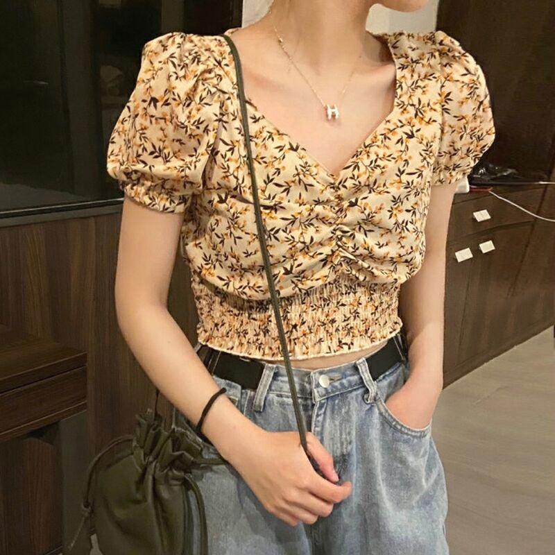 Áo hoa rúm ngực dáng croptop