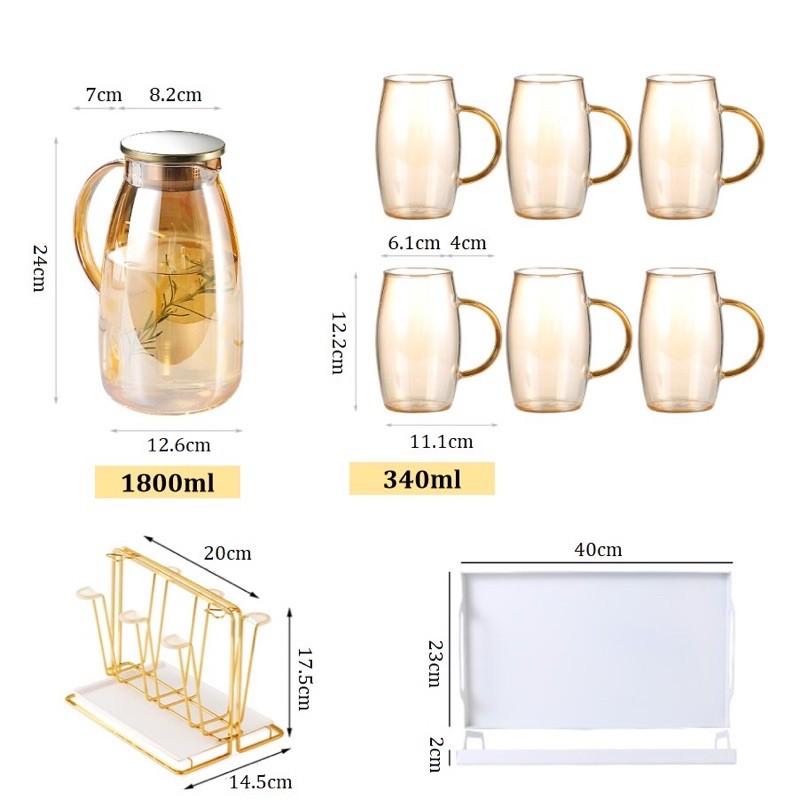 Bộ bình 6 cốc thủy tinh chịu nhiệt pha lê ánh vàng
