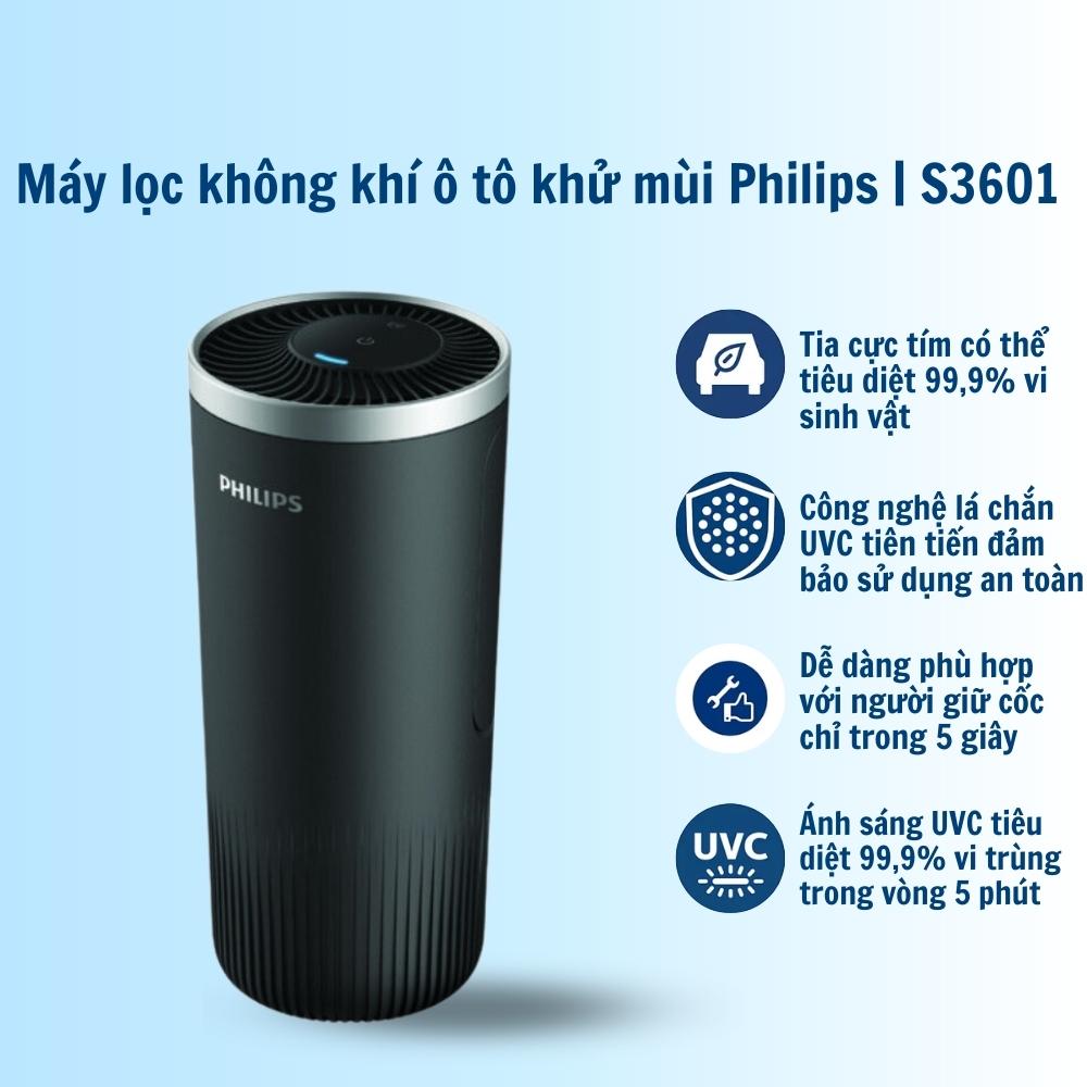 Máy lọc không khí ô tô khử mùi Philips dạng cốc trên xe hơi sử dụng tia UVC diệt khuẩn hiệu quả S3601 - Hàng nhập khẩu