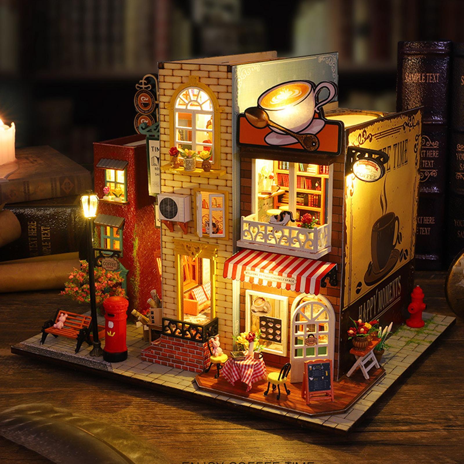 Unfinished Dollhouse DIY Kit with Dustproof Cover Wooden Dollhouse Miniature Kit Creative Room for Shelf Home Living Room Cabinet Decoration
