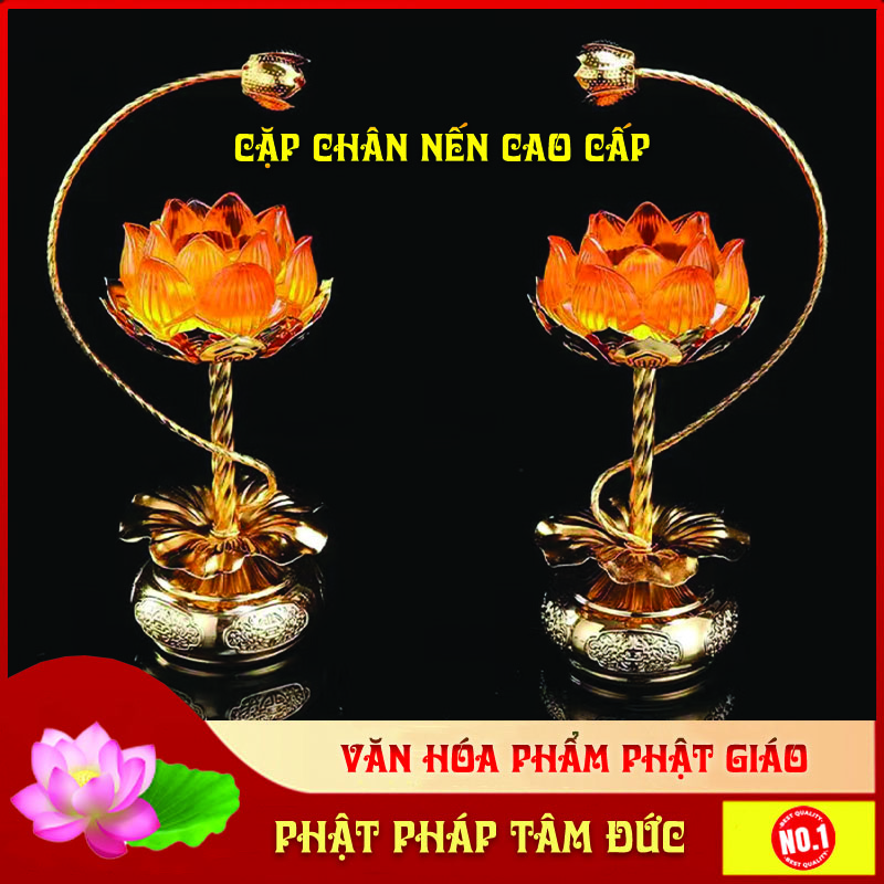 Cặp chân đế nến bơ lưu ly liên hoa cao cấp để ban thờ, trang trí - Thân hợp kim đồng, liên hoa thủy tinh