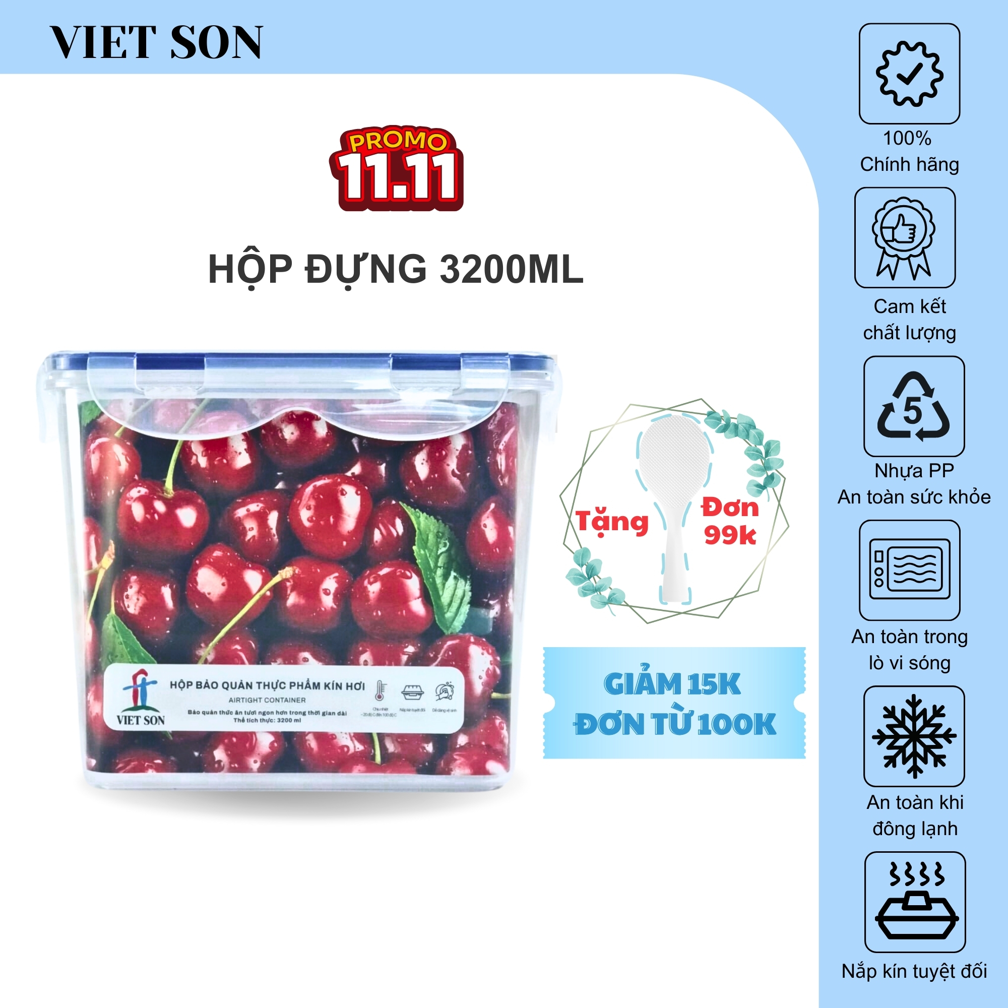 Hộp Đựng Thực Phẩm VIETSON 3200ml Nắp Khóa 4 Cạnh Kín Hơi