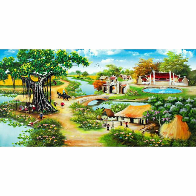 Tranh đính đá làng quê yên bình chưa đính