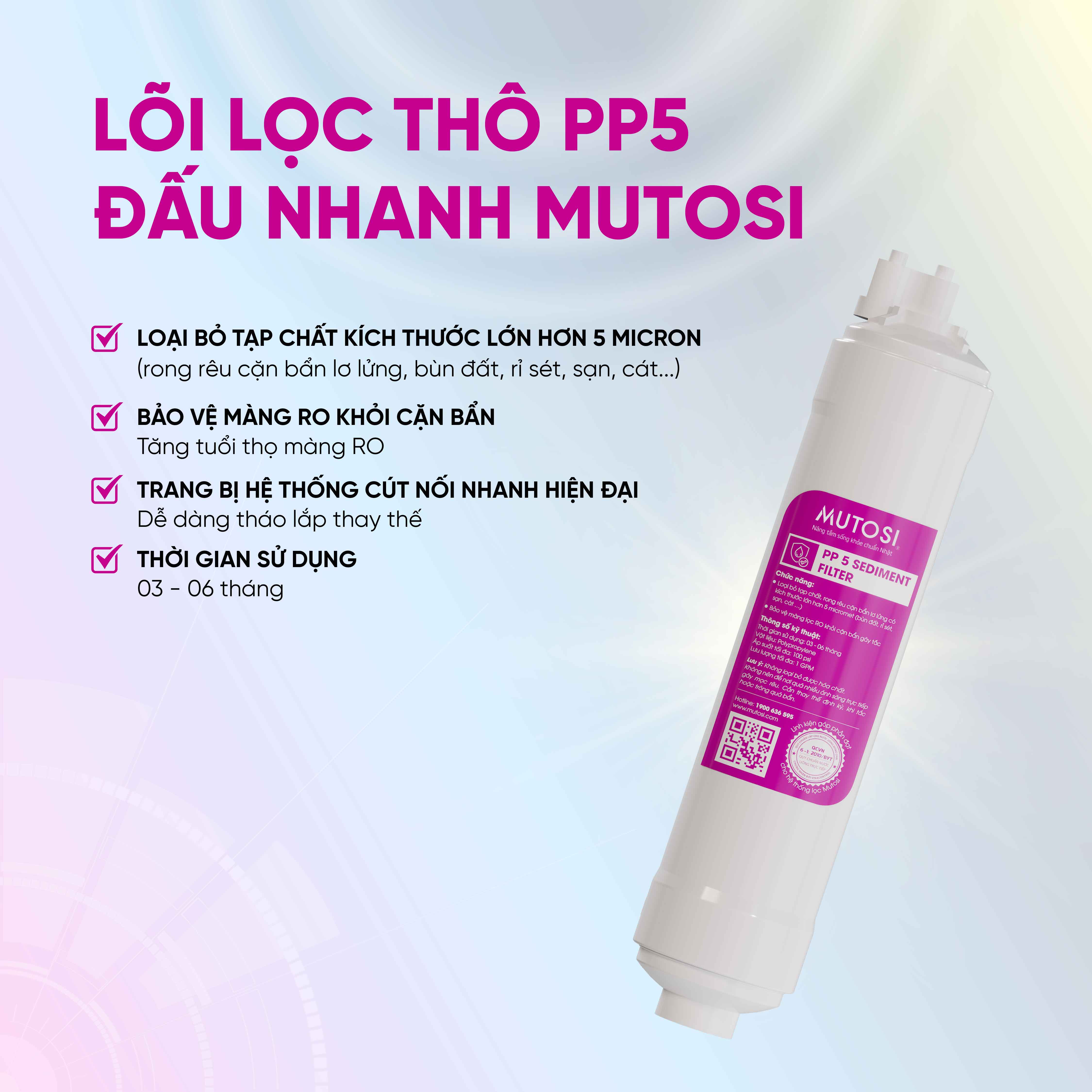 Lõi lọc nước - Hàng chính hãng Mutosi số 1 - Lõi đúc PP5 micron đấu nhanh, Bảo vệ màng lọc RO khỏi cặn bẩn gây tắc