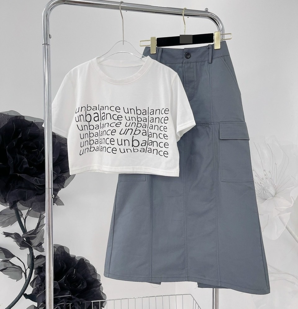 CHÂN VÁY DÀI MIDI TÚI HỘP XẺ SAU SUÔNG TRƠN + ÁO THUN CROPTOP TAY NGẮN ĐI TIỆC ĐI CHƠI DẠO PHỐ ĐI BIỂN