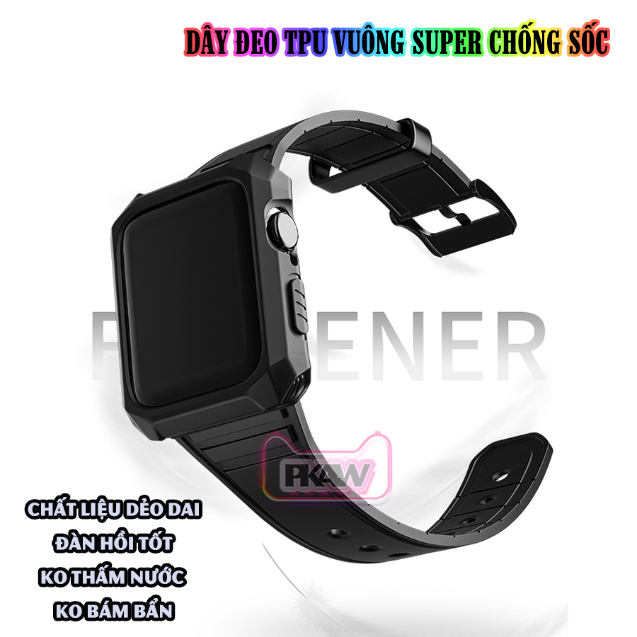 Dây Đeo liền ốp dành cho Apple Watch 7/6/5/4/3/2/1 size 38/40/41/42/44/45mm TPU vuông SUPER chống sốc - nhiều màu (tặng cường lực dẻo theo size)