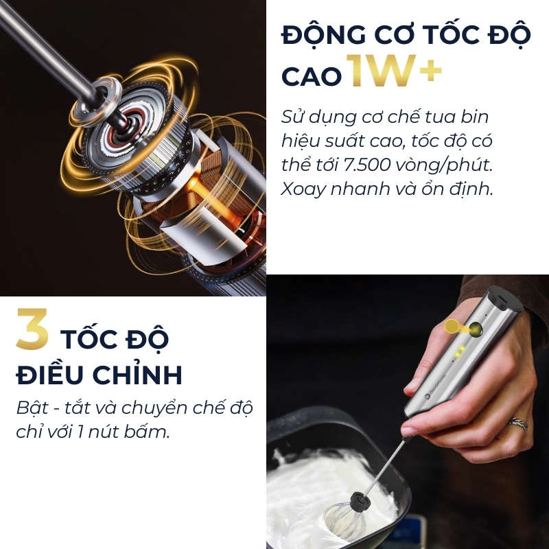 Máy đánh bọt cafe cầm tay DandiHome có giá treo, sạc điện, 10w, hàng chính hãng bảo hành 12 tháng