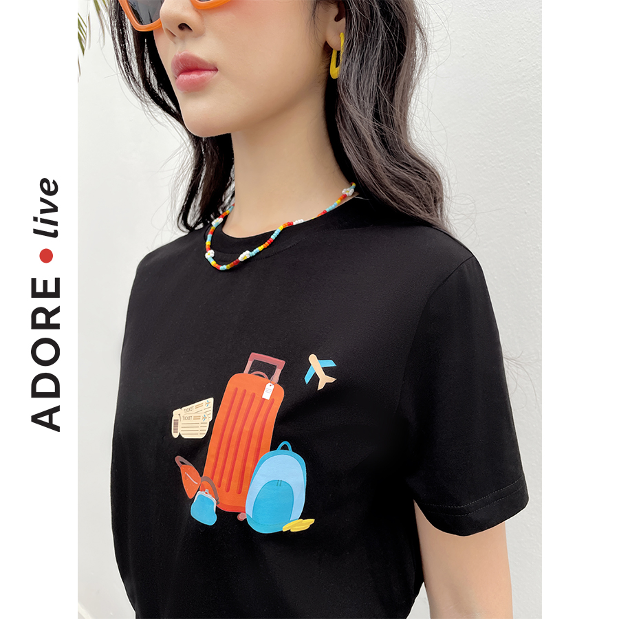 Áó Phông  Graphic T-shirts casual style cotton đen in suitcases 321TS2031 ADORE DRESS