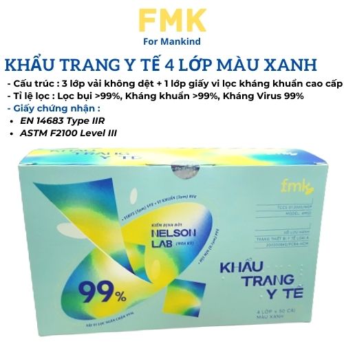 Khẩu Trang Y Tế 4 Lớp Cao Cấp Màu Xanh - Thương Hiệu FMK - Hộp 50 cái - Chuẩn Quốc Tế