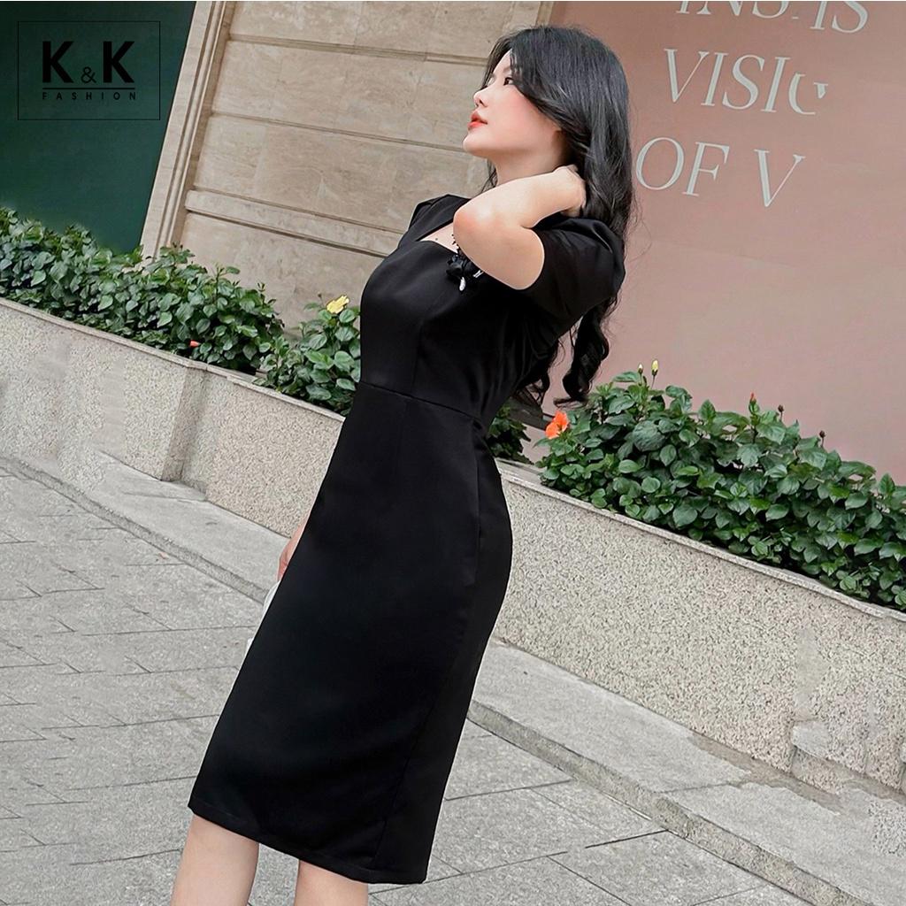 Đầm Đen Ôm Body Đính Hoa K&amp;K Fashion KK130-13 Chất Liệu Tafta 2 Da