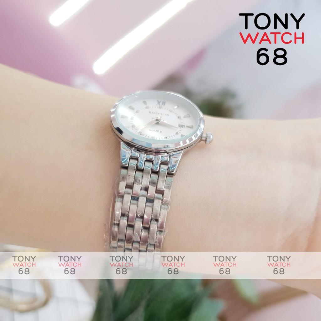 Đồng hồ cặp đôi nam nữ Baishuns mặt tròn trắng dây kim loại bạch kim chính hãng Tony Watch 68