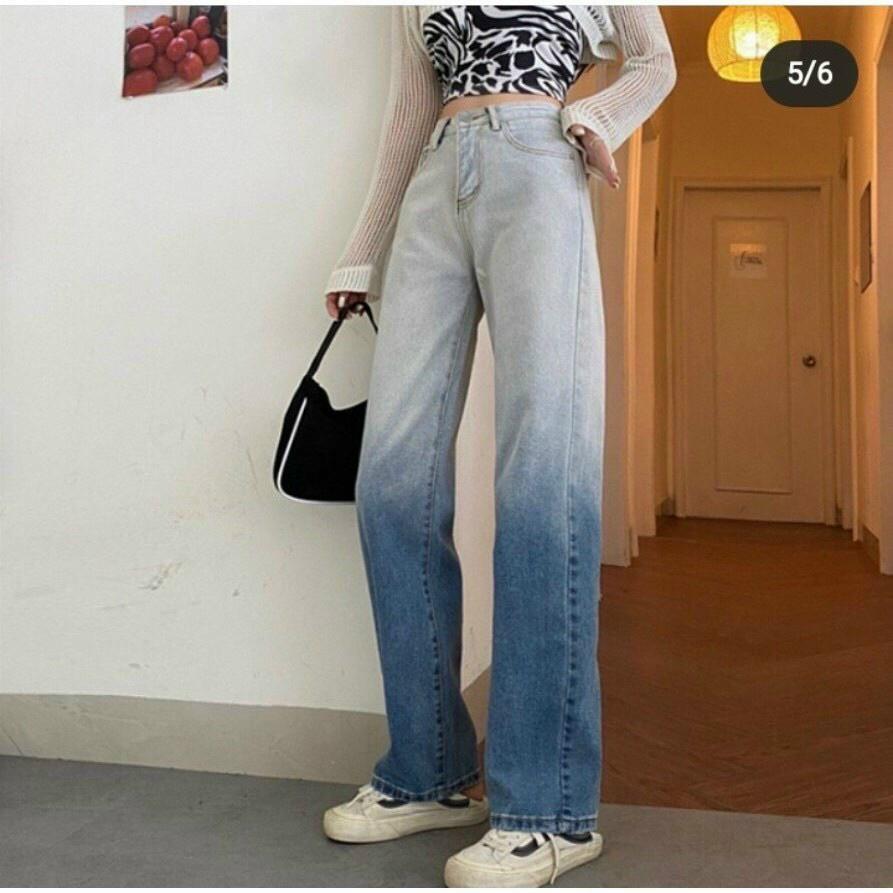 Quần baggy jean nữ , lưng cao ống rộng, loang 2 màu hot trend 2022