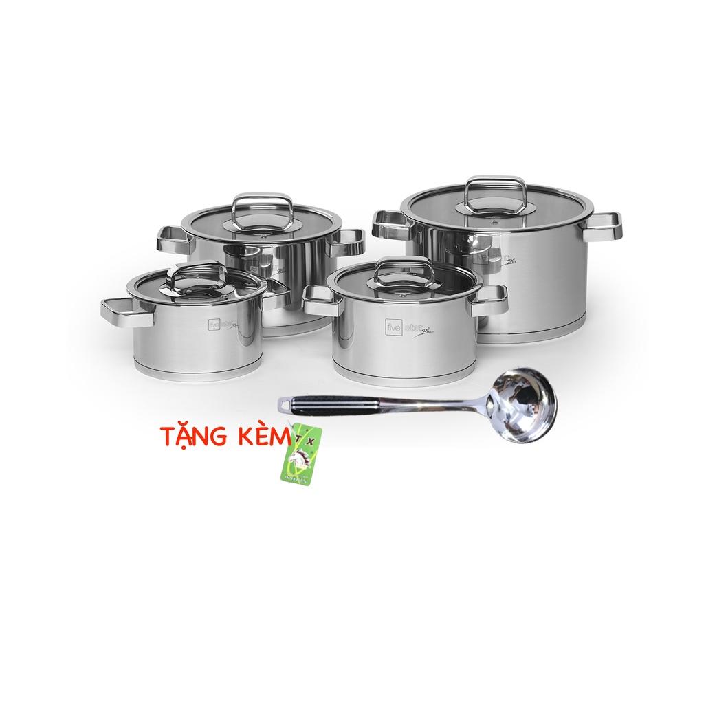 Bộ 4 nồi 3 đáy inox 304 FiveStar Plus quai vuông nắp kính-sử dụng bếp từ ( tặng 1 vá canh )