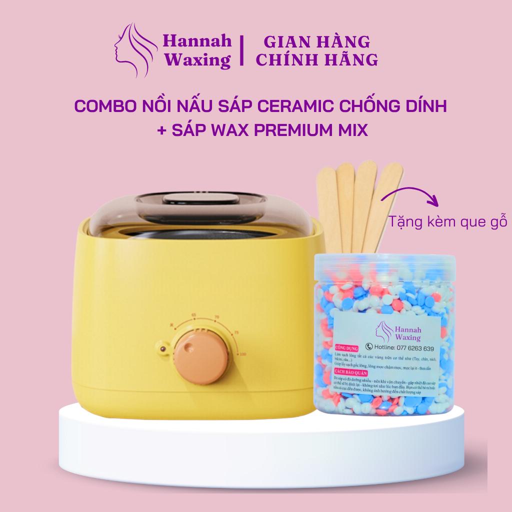 [CHE TÊN] Combo 100gr Sáp Dừa Premium Mix Đủ Màu + Nồi Nấu Sáp Wax Lông Chống Dính Thế Hệ Mới HANNAH WAXING Tặng Que - Vàng
