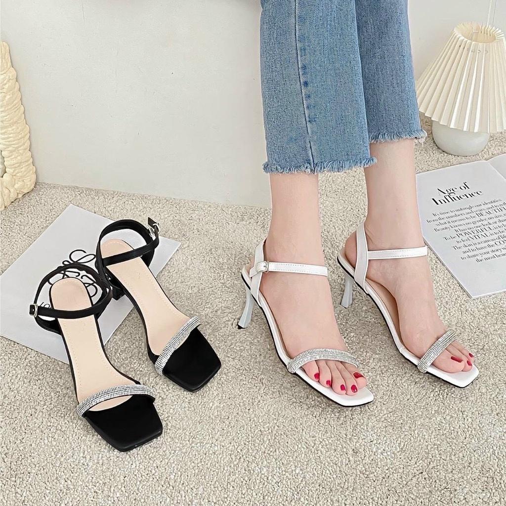 Sandal quai đá nổi mũi vuông gót nhọn - 7P