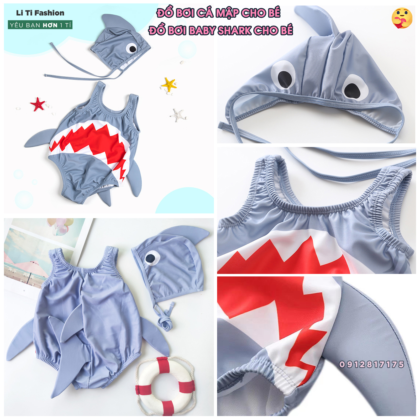 [hàng sẵn] Đồ bơi cá mập - Đồ bơi baby shark cho bé 8-16kg có sẵn mũ - Đồ bơi cá mập siêu cute cho bé trai/bé gái