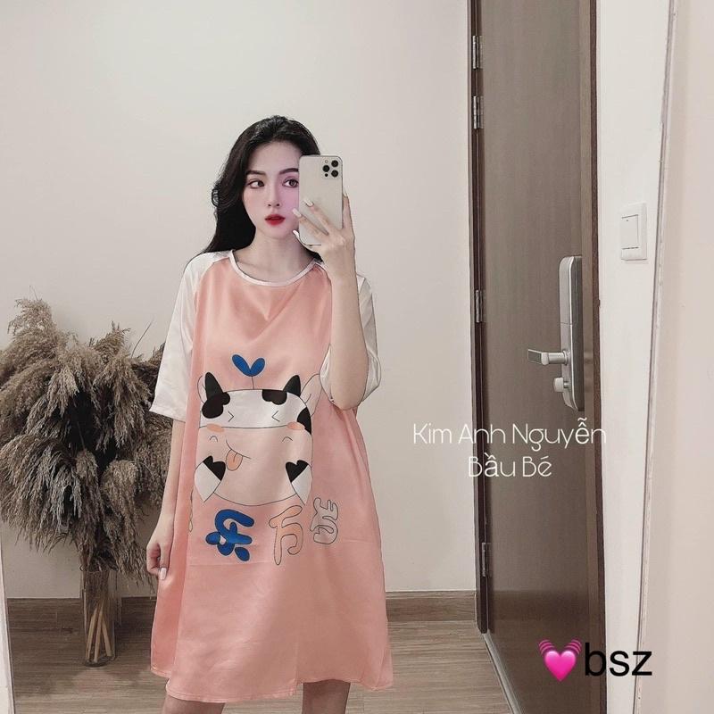 Váy Ngủ Lụa Hình Cute Tay Lỡ Có Ảnh Thật Kèm Video