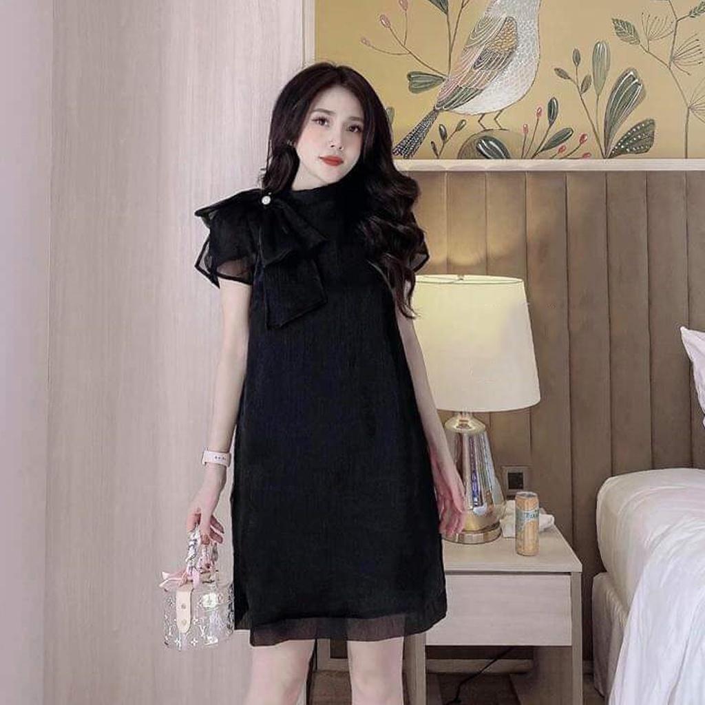 Đầm bầu ngắn tay 1 nơ vai M175 vải lụa tơ hai lớp thời trang thiết kế Mom and Baby