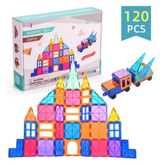Bộ đồ chơi xếp hình nam châm miếng ghép từ tính trong suốt Magnetic Tiles 120pcs chi tiết tòa nhà, lâu đài