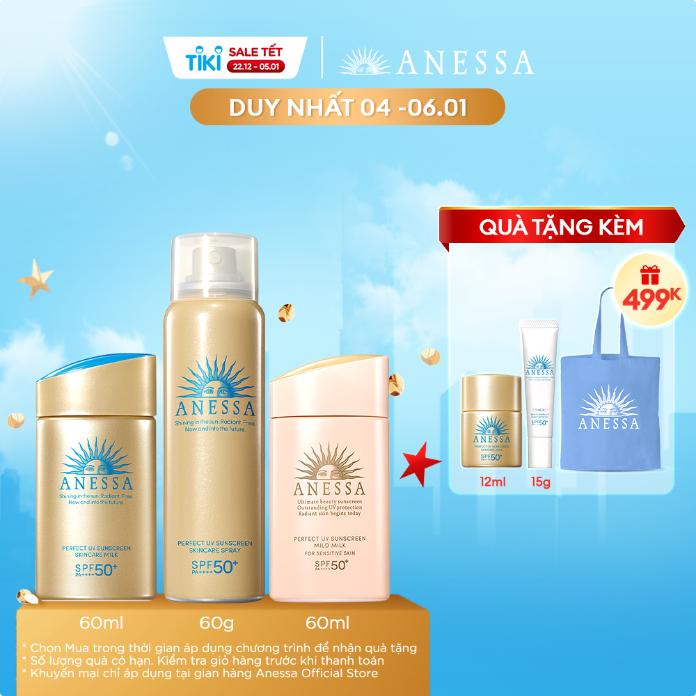 Bộ sản phẩm Kem chống nắng dưỡng da Anessa cho cả gia đình (Anessa Gold Milk 60ml + Mild Milk 60ml + Gold Spray 60g)