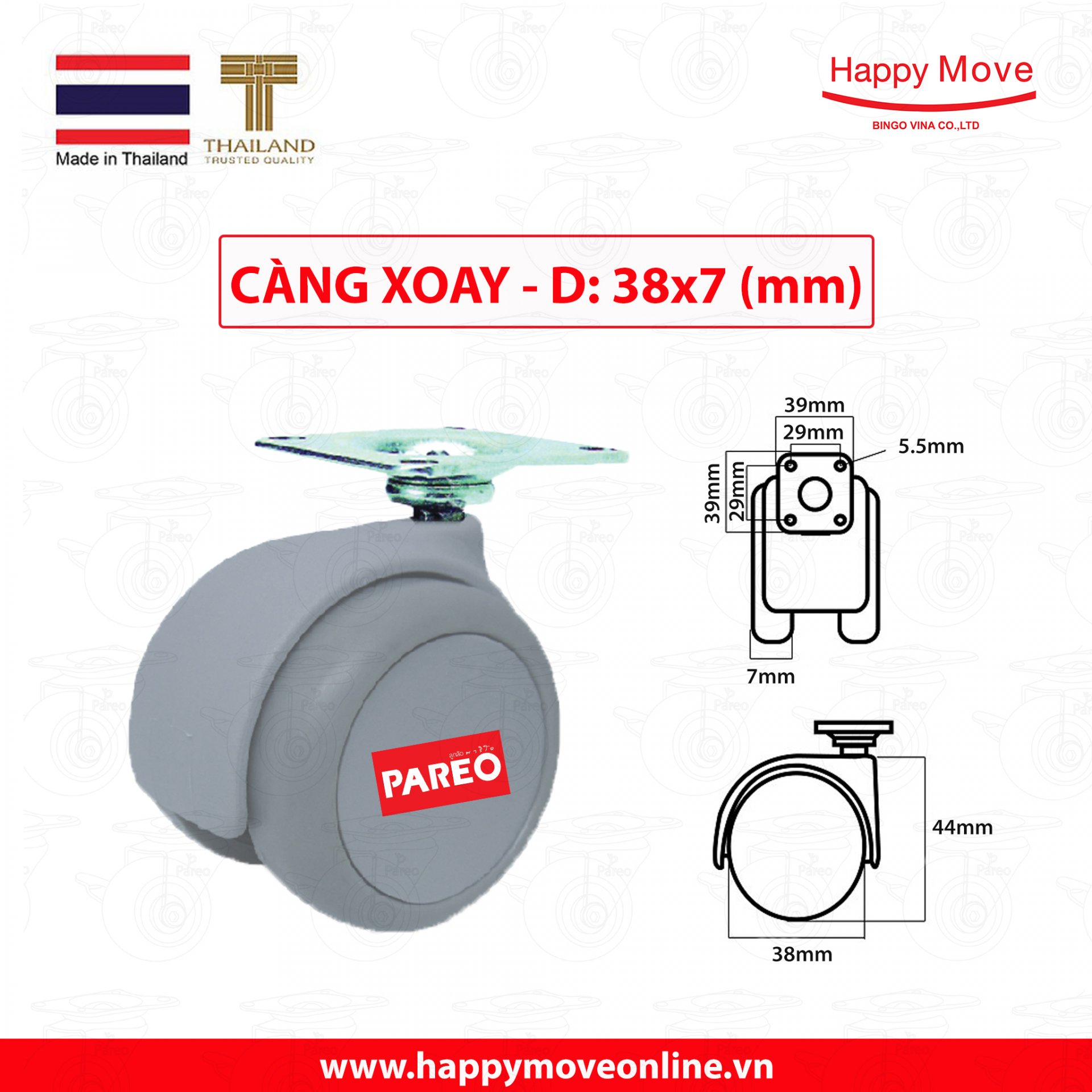 Bộ 4 bánh xe càng xoay 360 độ 38-50mm cho ghế/bàn xoay văn phòng nội thất - tải 40kg - Happy MoveThái Lan
