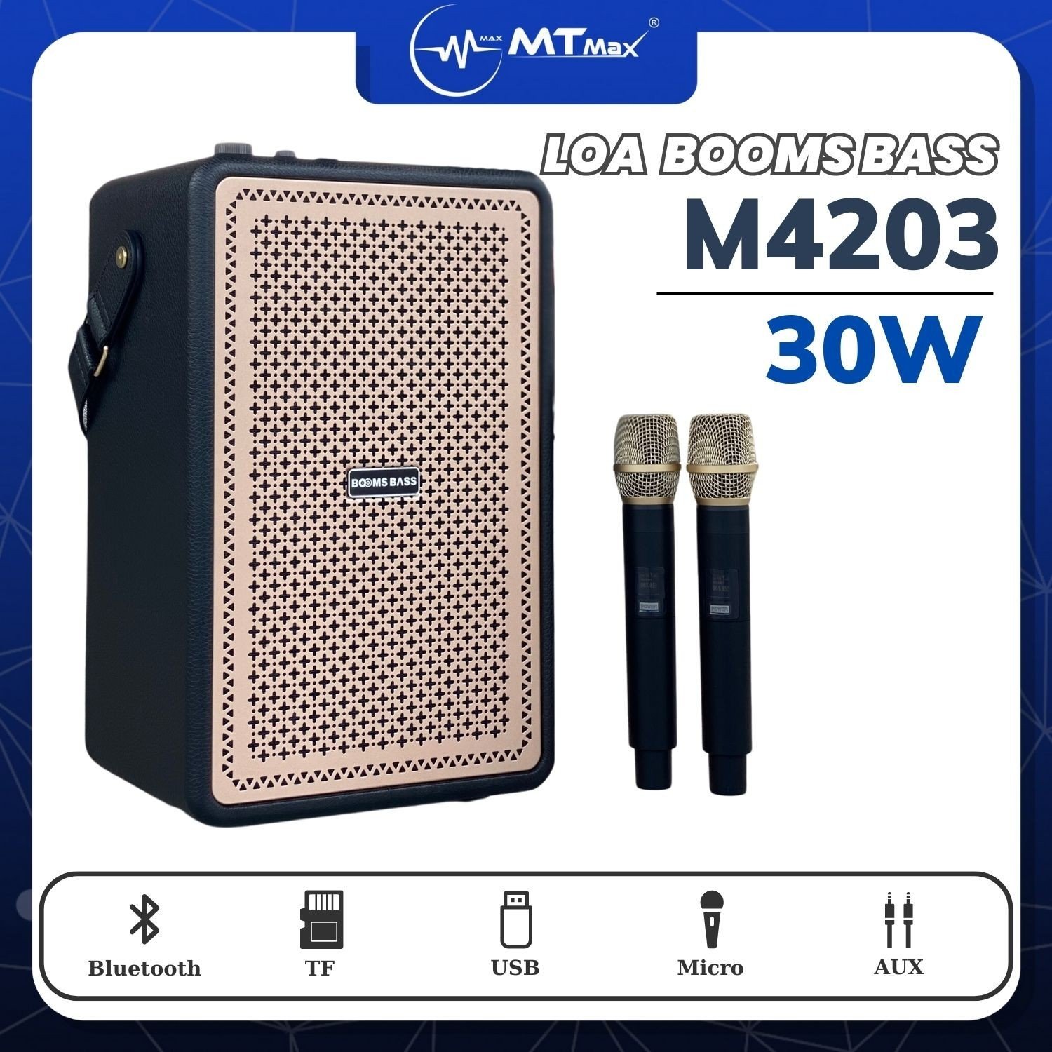 Loa Bluetooth Karaoke Booms Bass M4203 Bass Mạnh, Kèm 2 Micro Không Dây Hàng Chính Hãng Bảo Hành 12 Tháng