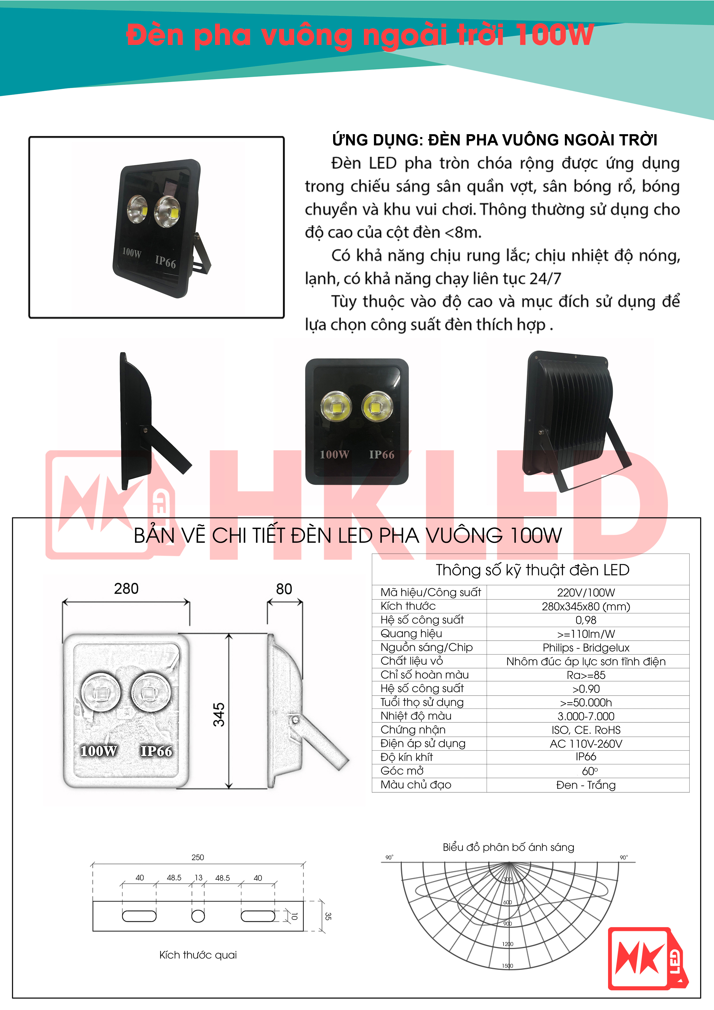 HKLED - Đèn pha tròn vuông LED ngoài trời 100W - IP65 - DPTV100