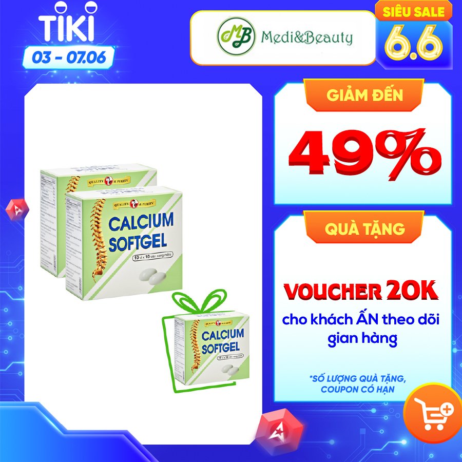 COMBO 2 HỘP TPCN bổ sung Calcium (canxi) và Vitamin D3- CALCIUM SOFTGEL – phòng ngừa loãng xương, giúp xương chắc khoẻ- hộp 100 viên TẶNG 1 HỘP