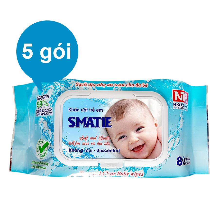 Combo 5 Gói Khăn Ướt Không Mùi Smatie 80 Tờ