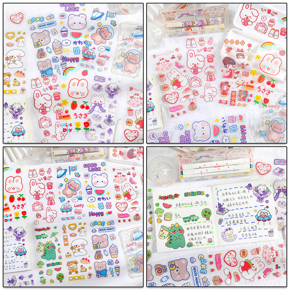 SET 6 Tờ 90 Nhãn Dán Sticker Thỏ Gấu PET Trong Suốt Cute Không Thấm Nước Trang Trí Dễ Thương
