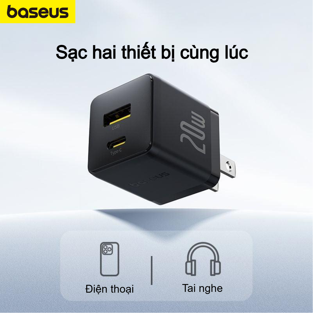 Bộ sạc nhanh nhỏ gọn 2 cổng Baseus Palm U + C 20W (Kèm cáp C to C 60w dài 1M) - Hàng chính hãng