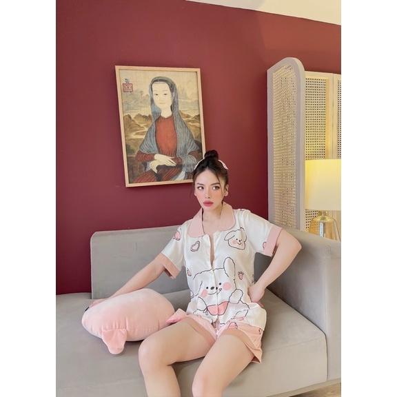Bộ đồ ngủ Pijama đồ bộ lụa quần đùi cộc tay hoạ tiết thỏ sen kute siêu hot