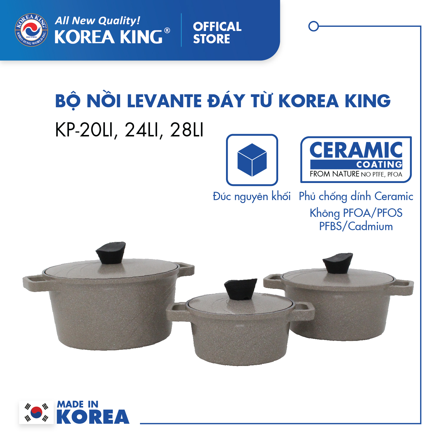 Bộ nồi nâu Levante đáy từ (Nồi, nắp bằng nhôm đúc, phủ men chống dính Ceramic, Ø20cm, 24cm,28cm)