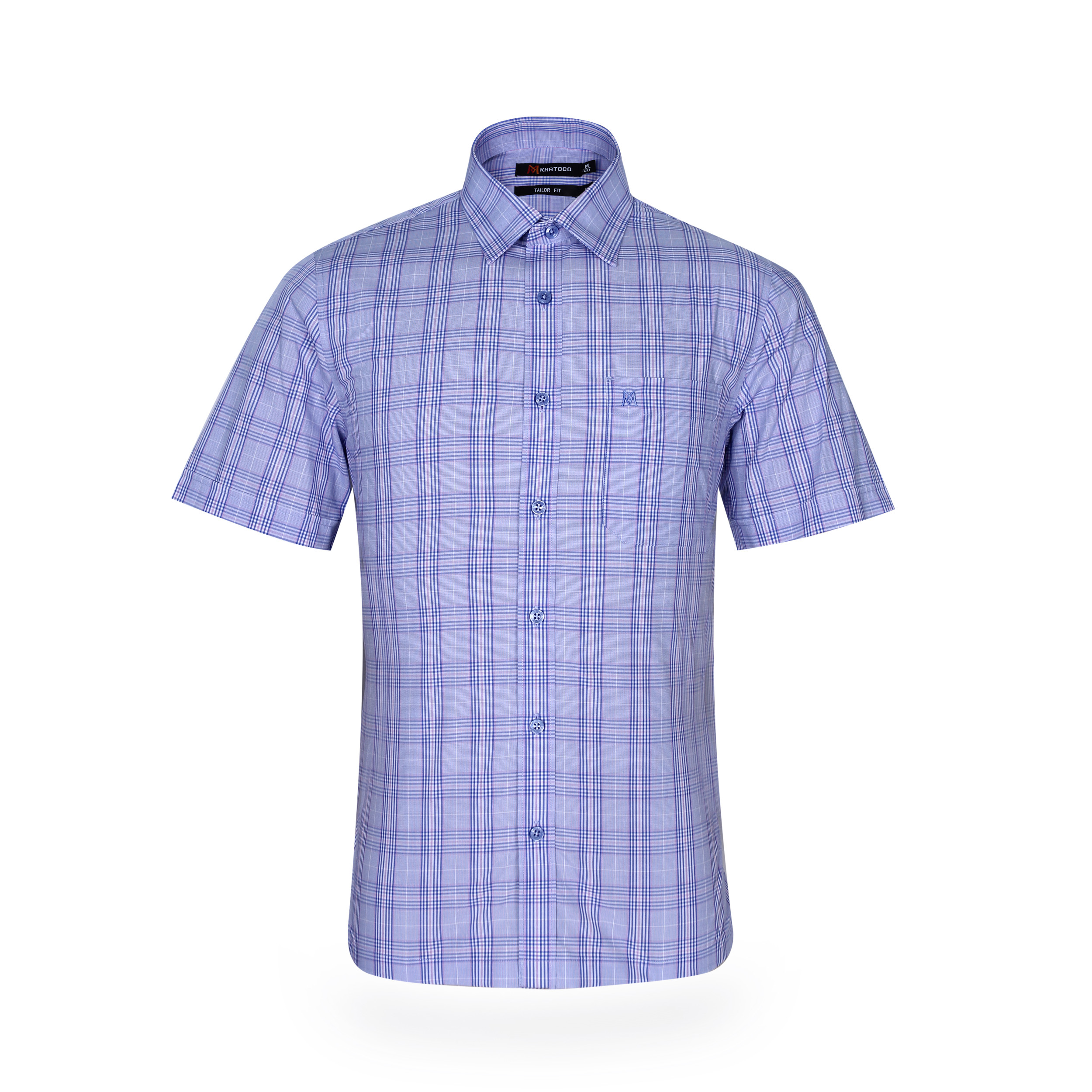 Áo sơ mi nam tay ngắn vạt ngang form tailor caro xanh hồng vải sen Khatoco A1MN538T2- CNCR047-2205-N