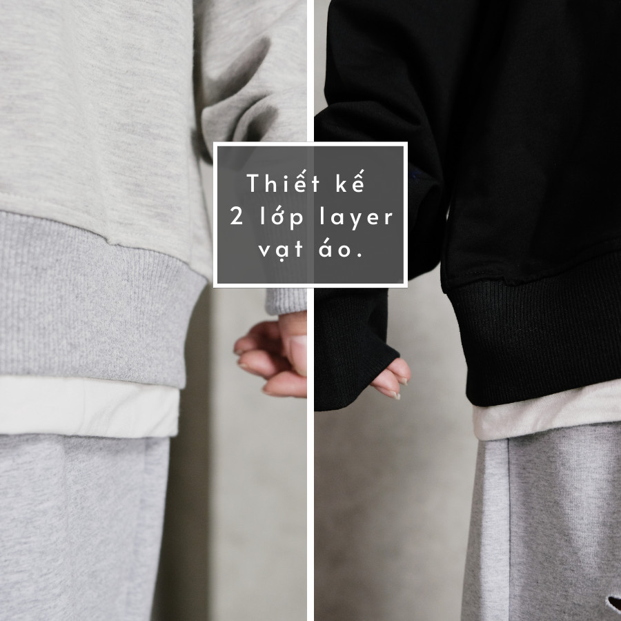 Áo Sweater Nam Nữ Form Rộng Phối Layer 2 Lớp Có Màu Basic Xám, Đen Chất Da Cá Hàn Cao Cấp GUF