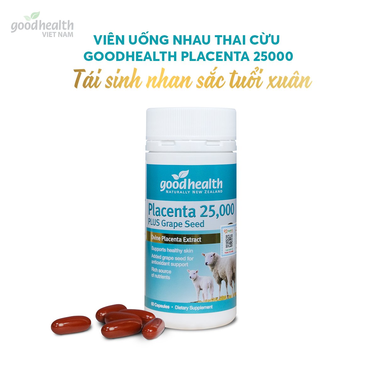 Viên uống nhau thai cừu Goodhealth Placenta 25000 hộp 60 viên - Giảm thâm nám, Phục hồi da và chống lão hóa