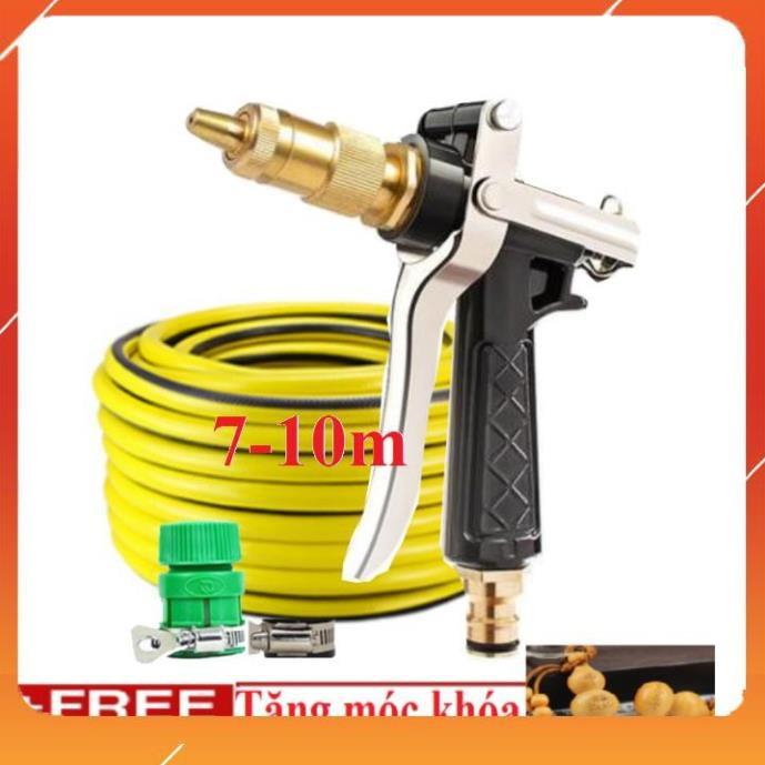 Bộ dây vòi xịt bơm nước tưới rửa , tăng áp 3 lần, loại 7m, 10m 206236 đầu đồng,đai+ móc khoá