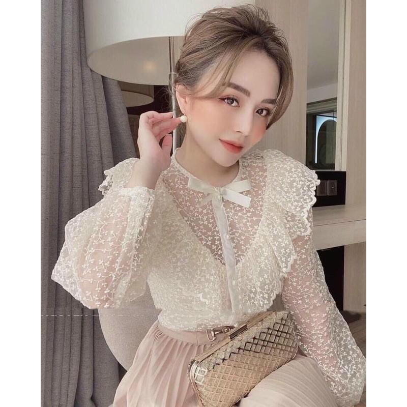 Áo sơ mi bèo ren hoa nổi kèm nơ