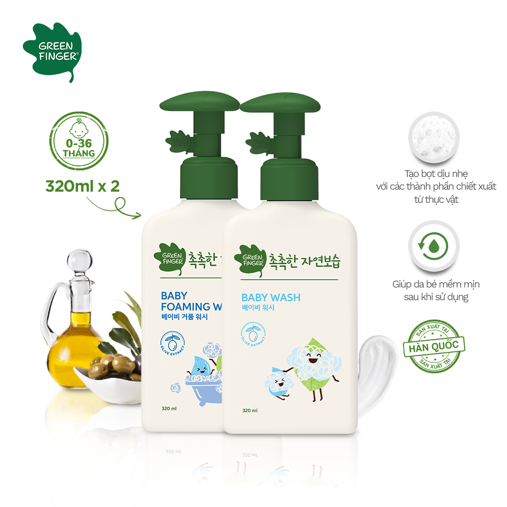 Combo 2 Sữa Tắm Tạo Bọt Và Dưỡng Ẩm Cho Bé Greenfinger ChokChok Moisture Baby Foaming Wash + Baby Wash 320ml