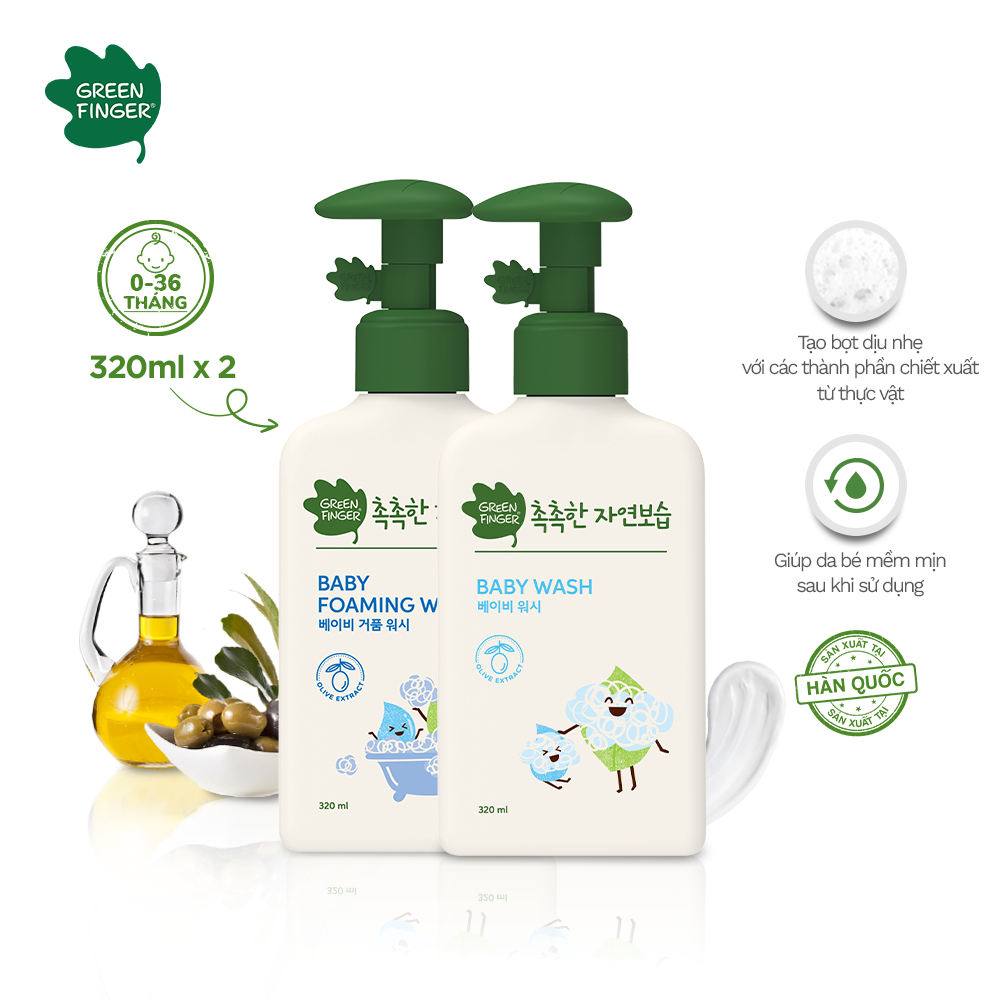 Combo 1 Sữa Tắm Tạo Bọt Và 1 Sữa tắm dưỡng ẩm Cho Bé GREENFINGER CHOKCHOK MOISTURE FOAMING WASH 320ml + BABY WASH 320ml