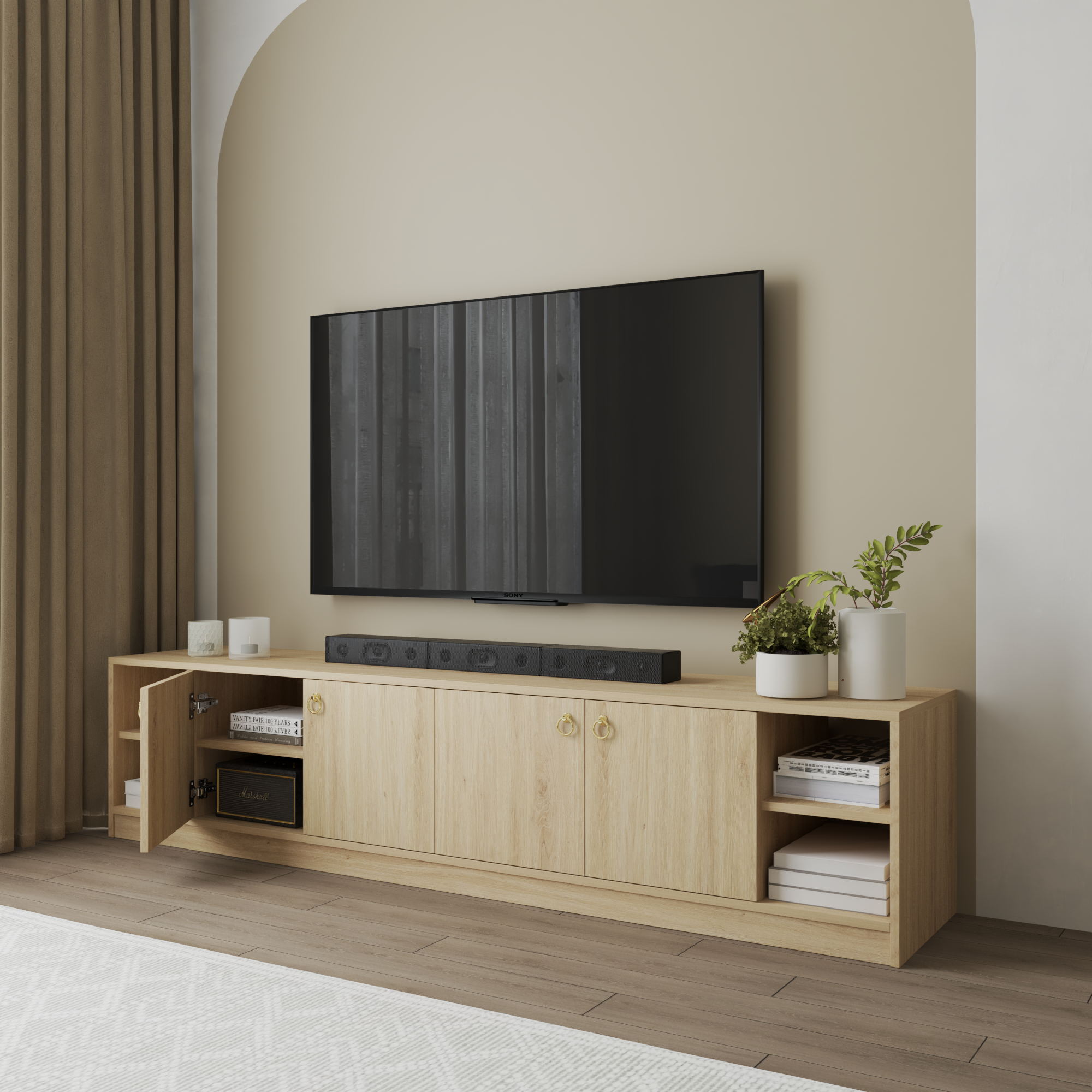 HAPPY FURNITURE , Kệ TV 4 cửa mở - MERI , KTV_089 , 200cm x 40cm x 45cm DxRxC