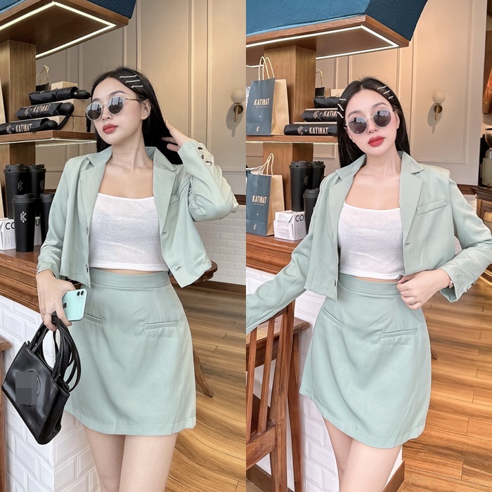 ĐẦM SET ÁO KHOÁC VEST BLAZER LỬNG SUÔNG TRƠN TAY DÀI XANH PASTEL + CHÂN VÁY CHỮ A NGẮN LƯNG CAO + ÁO CROPTOP 2 DÂY ĐI TIỆC DẠO PHỐ ĐI CHƠI CÔNG SỞ