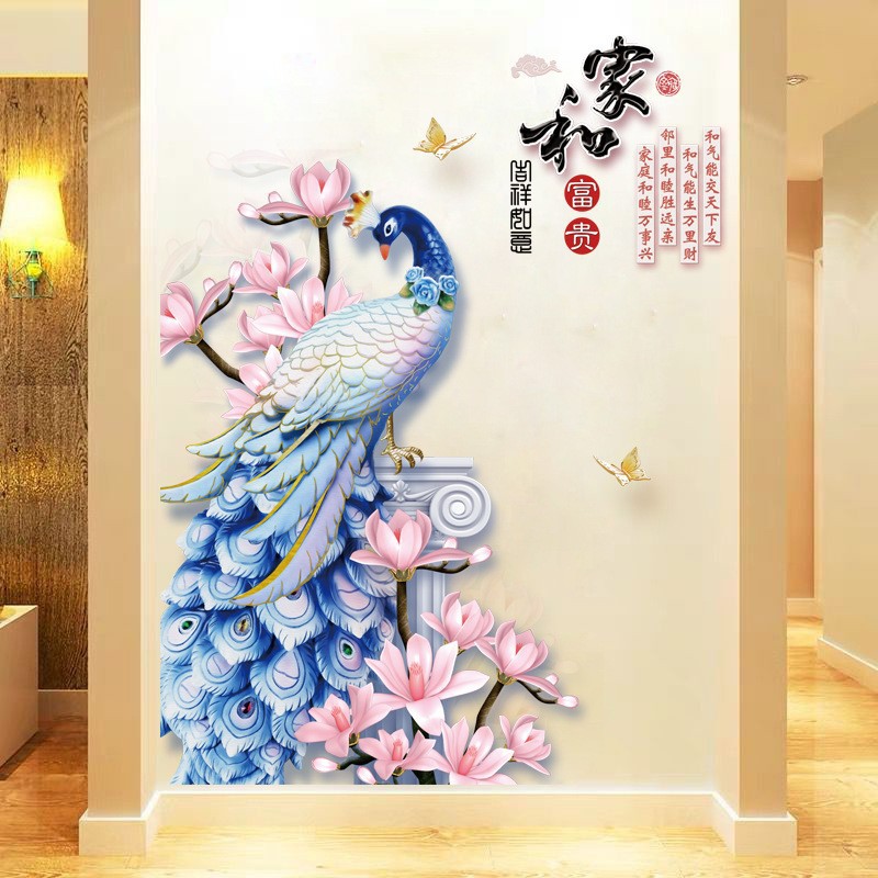 Decal dán tường chim công xanh và cô gái cổ trang