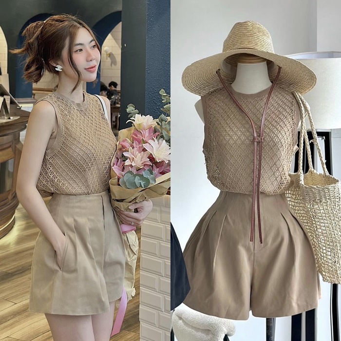 SET ÁO LƯỚI SÁT NÁCH MÀU PASTEL XUYÊN THẤU + QUẦN GIẢ VÁY NGẮN SHORTS ỐNG RỘNG LƯNG CAO ĐI CHƠI TIỆC DẠO PHỐ ĐI BIỂN ĐI LÀM CÔNG SỞ