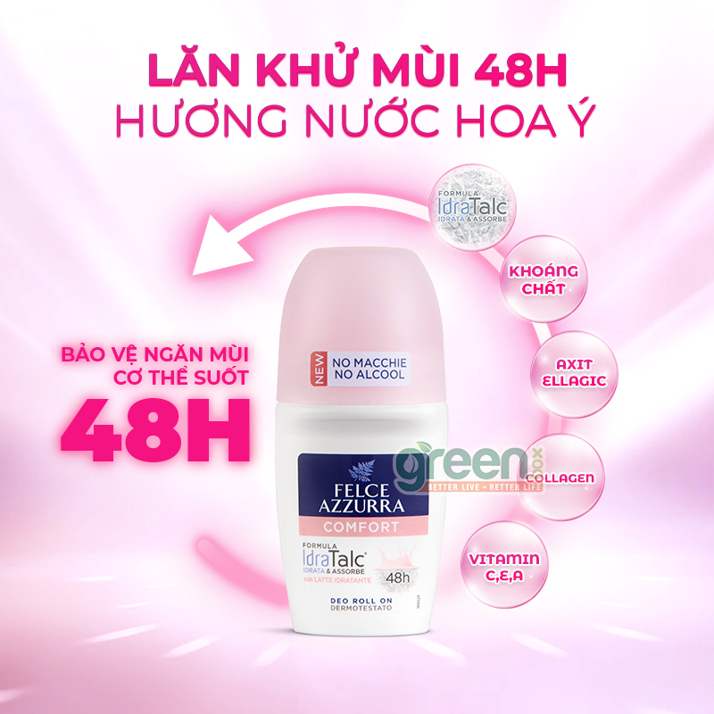 Lăn khử mùi hương nước hoa Ý dưỡng da mềm mịn Felce Azzurra Comfort 50ml