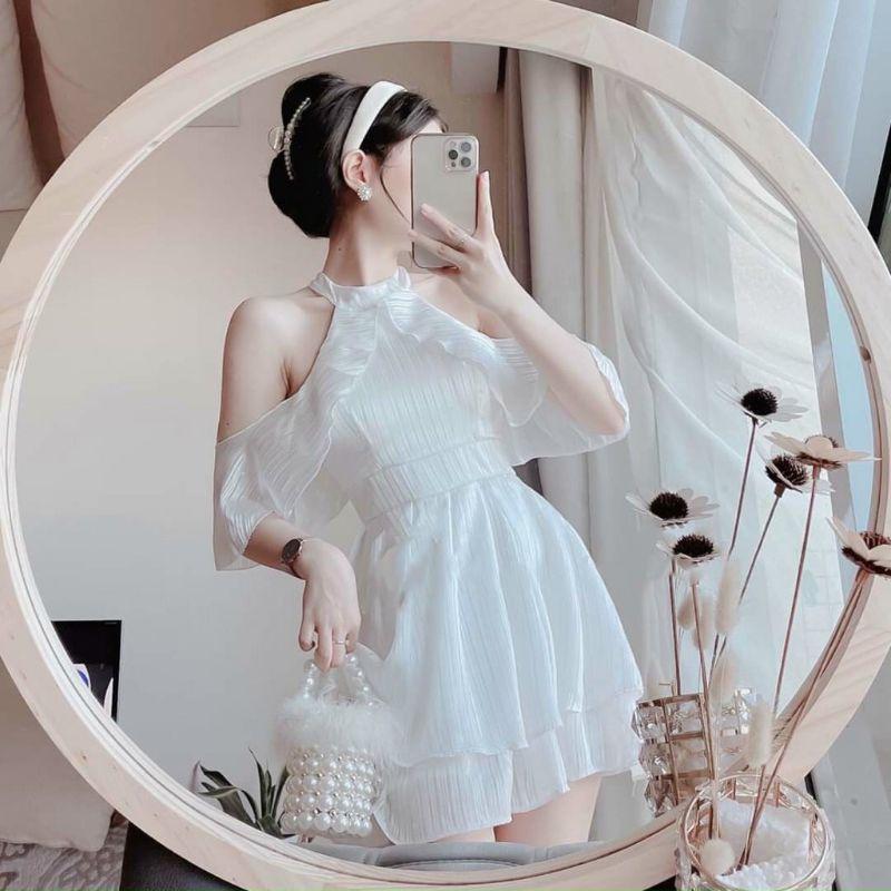 Đầm xòe trắng cổ yếm rớt vai dự tiệc, Váy đầm rẻ giá đẹp